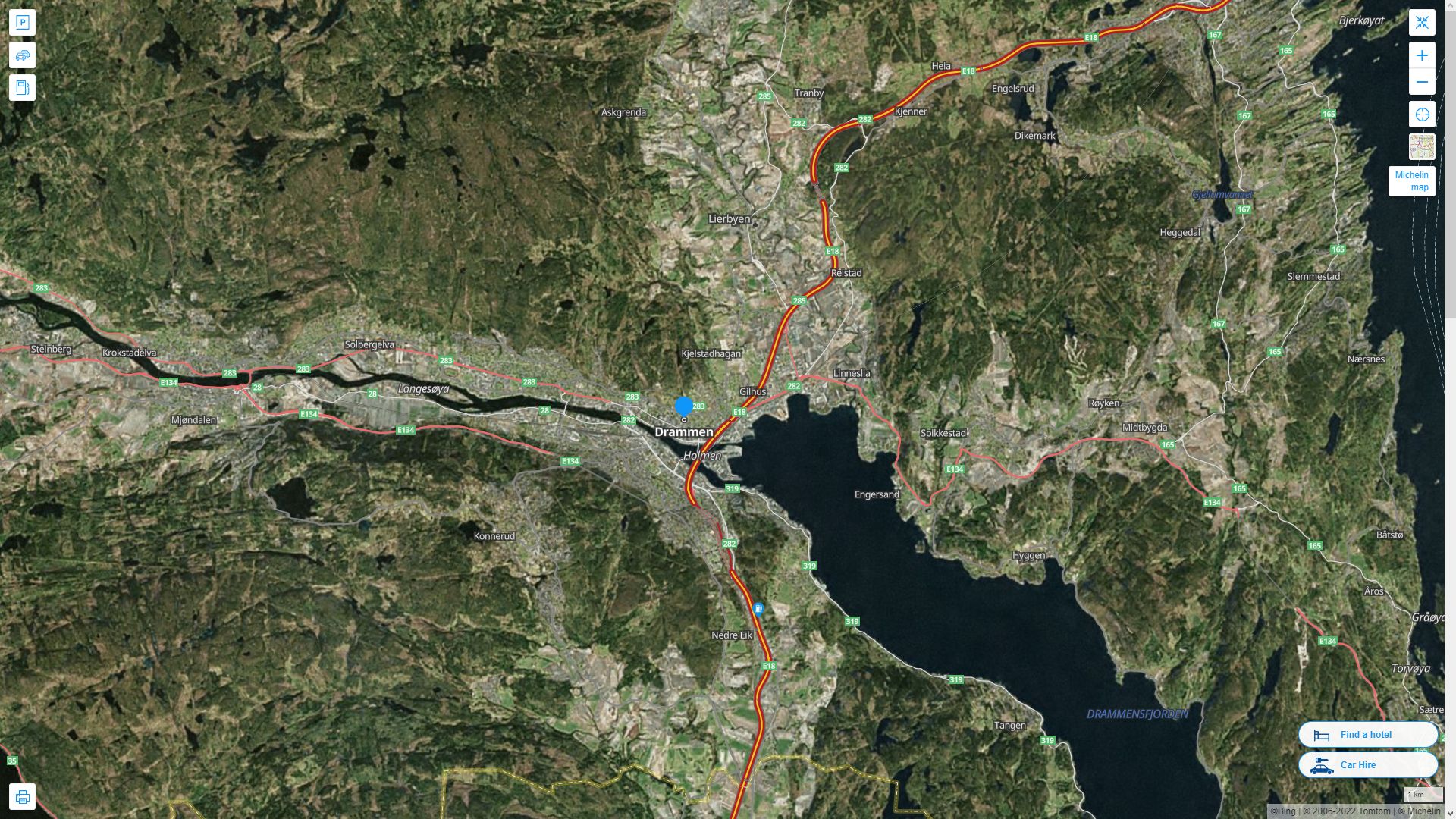 Drammen Norvege Autoroute et carte routiere avec vue satellite